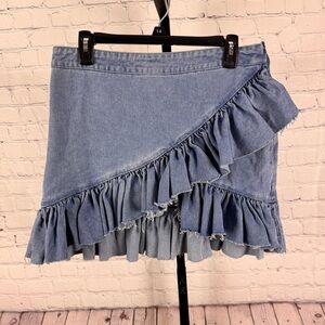 Nasty Gal Asymmetrical Ruffle Hem Denim Mini Skirt Light Blue Size 10